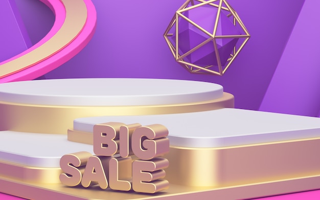 Big sale. Showcase for displaying three products. Beautiful abstract background. Advertising poster, golden podium. 3d render