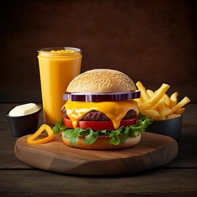 Большой бутерброд - гамбургер с сочным бургером из говядины, сыром, помидорами и красным луком на деревянном столе