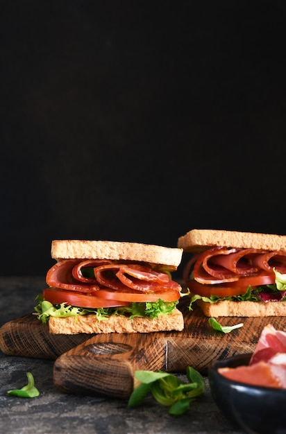 Big sandwich with ham and lettuce leaves snack