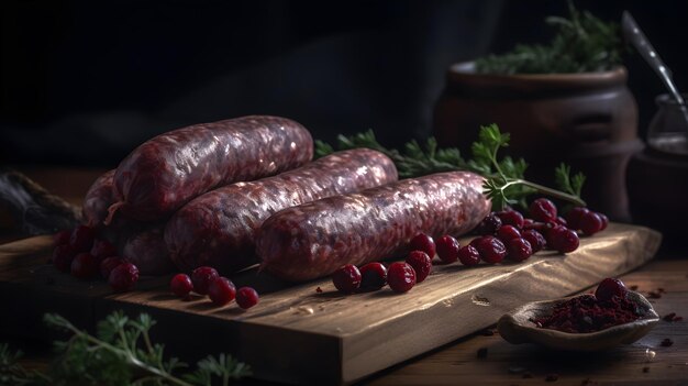 big sausages on a wooden board