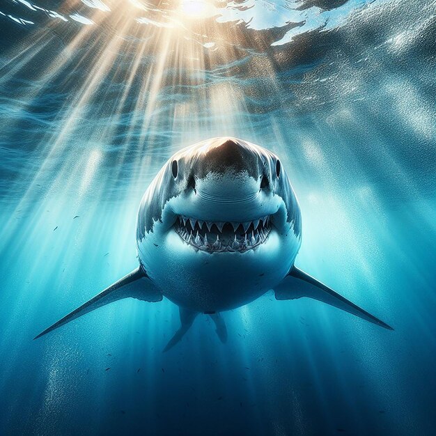 Big scarry Shark swimming in the ocean blue water ai generated