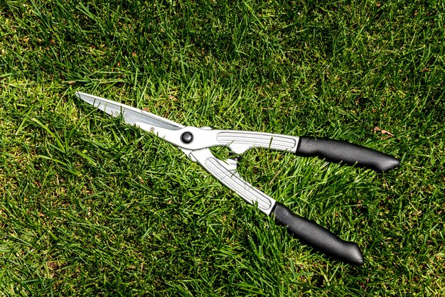 Фото Большие ножницы на зеленой траве.