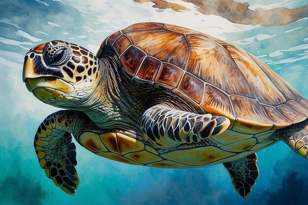 Photo big sea turtle watercolor painting