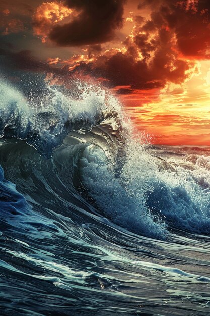 Big Sea Wave Surf Concept Ocean Waves at Red Sunset High Tide Storm Big Sunny Sea Wave
