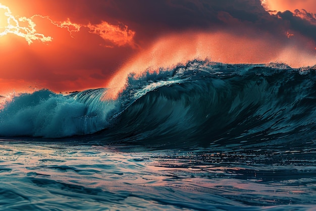 ビッグ・シー・ウェーブ・サーフ・コンセプト 赤い夕暮れの海の波 高潮の嵐 ビッグ・サニー・シー・ウェイブ