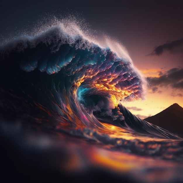 Big Sea Wave Surf Concept Ocean Waves at Sunset Big Sunny Sea Wave Abstract Generative AI Illustration