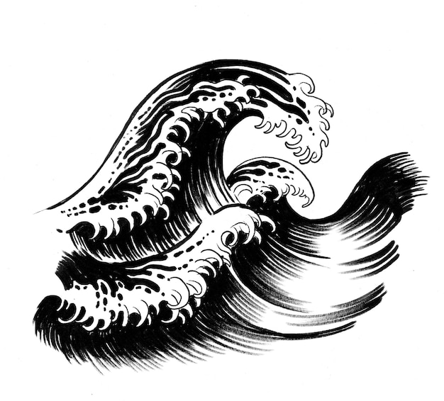 大きな海の波。インク白黒描画