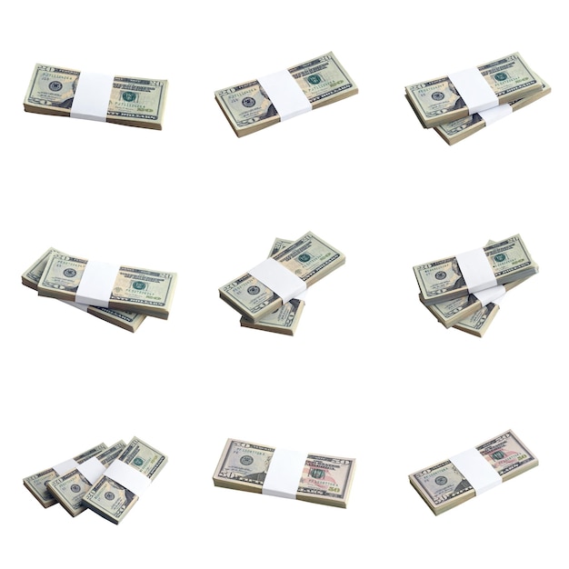 Photo big set of bundles of us dollar bills isolated on white collage with many packs of american money with high resolution on perfect white background