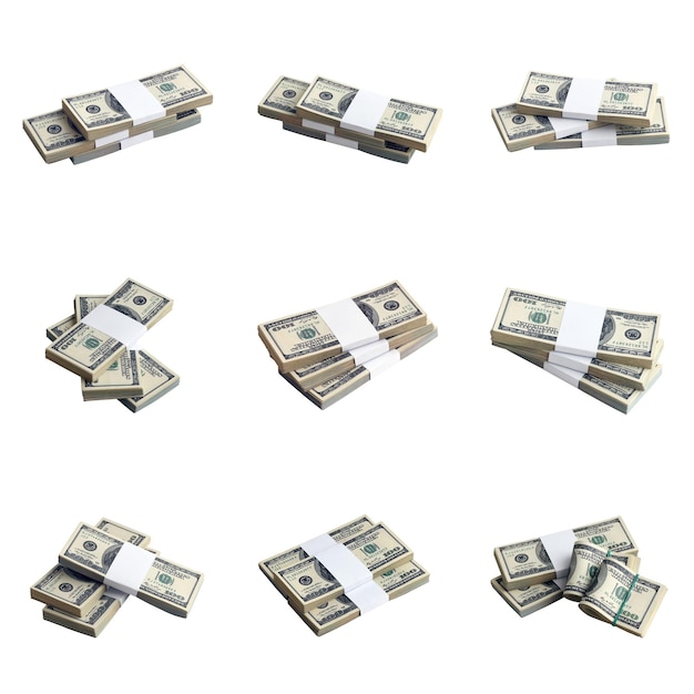 Big set of bundles of US dollar bills isolated on white Collage with many packs of american money with high resolution on perfect white background