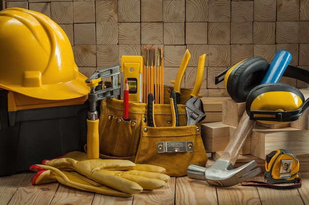 Big set of construction carpentry tools on wooden background