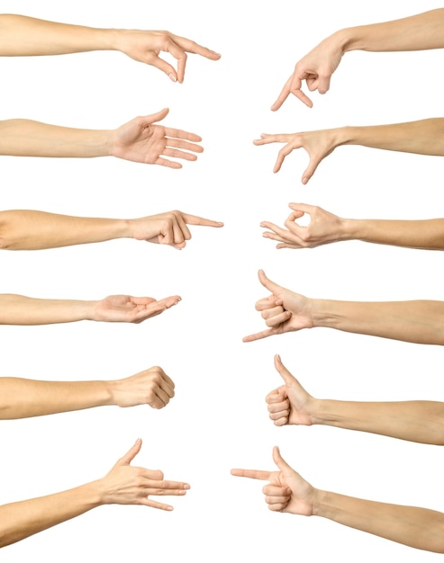 Photo big set of getures of female caucasian hand gestures with french manicure