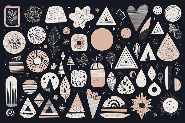 Big set of hand drawn various shapes and doodle objects Abstract contemporary modern trendy vector illustration All elements are isolated