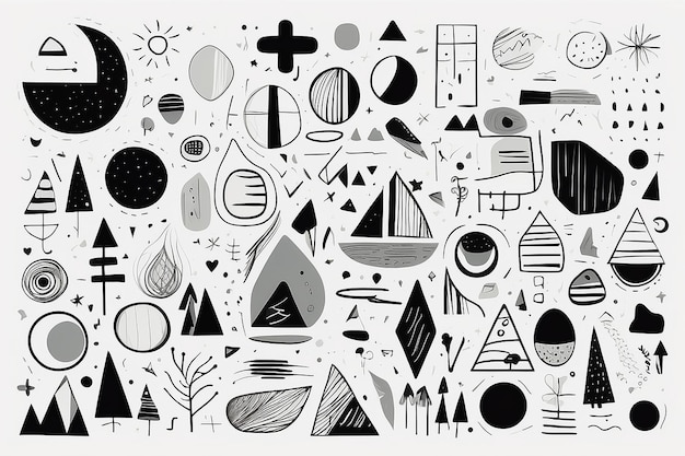 Big set of hand drawn various shapes and doodle objects Abstract contemporary modern trendy vector illustration All elements are isolated