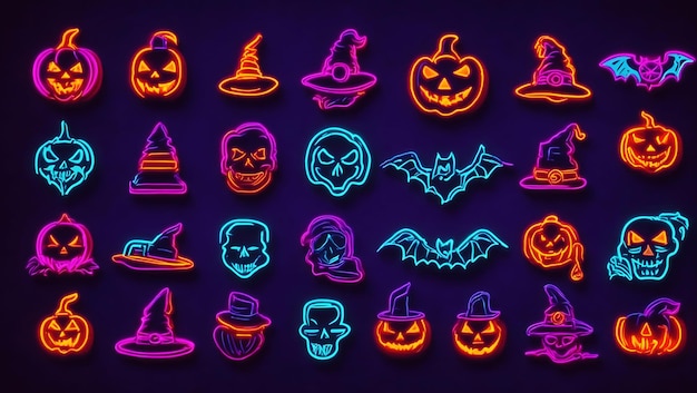Большой набор изолированных иконок Хэллоуин неоновый стиль Логотип Хэллоуина Эмблема и этикетка
