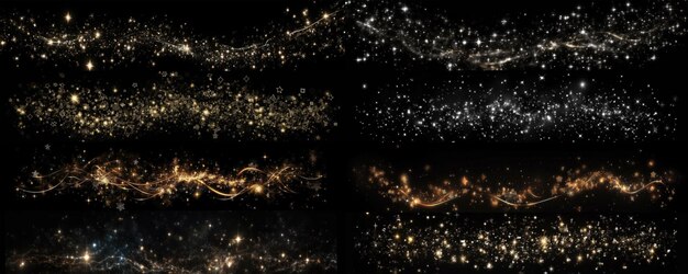 Big set of magic overlays on a black background gray and gold glitter smoke particles background mag