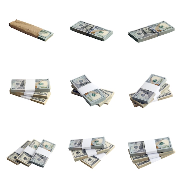 흰색으로 분리된 미국 달러 지폐 뭉치의 큰 세트는 완벽한 흰색 배경에 고해상도로 많은 미국 돈 팩과 함께 콜라주