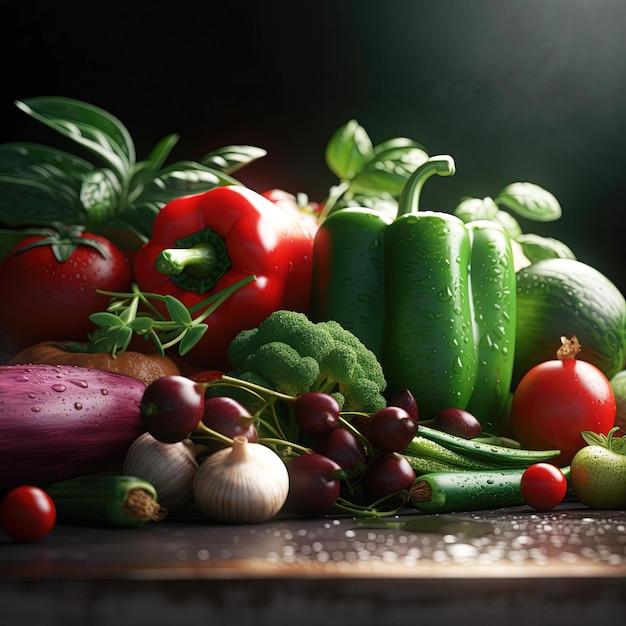 Big set organic food Fresh raw vegetables On a black background Ai generated