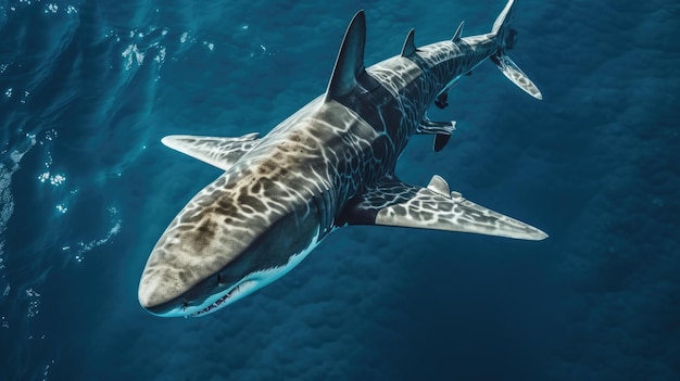 Big shark in the ocean Top view Created with Generative AI technology