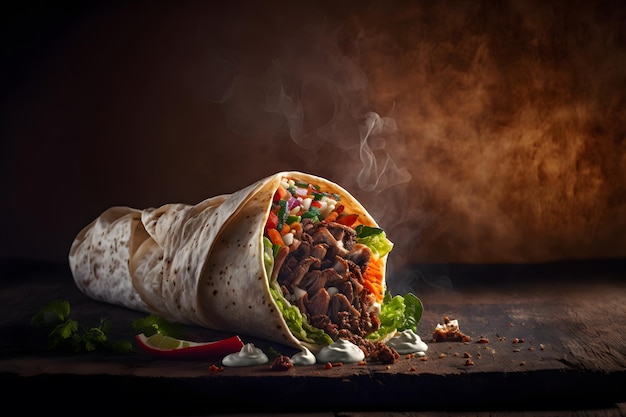 Photo big shawarma kebab fried on fire street food sandwich gyro fresh roll of lavash pita bread chicken beef shawarma 3d illustration