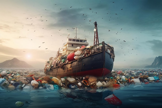 big ship at sea among lot of plastic waste Pollution ocean with plastic waste Ecological disaster