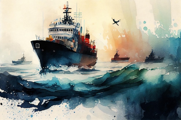 Big ships in ocean watercolor