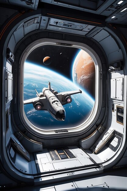 Big shuttle window on spaceship with view of other planets