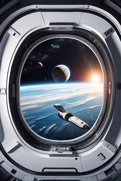 Big shuttle window on spaceship with view of other planets
