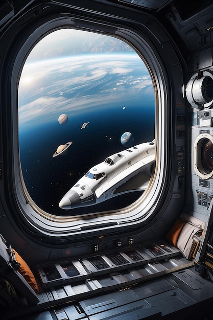 Большое окно шаттла на космическом корабле с видом на другие планеты