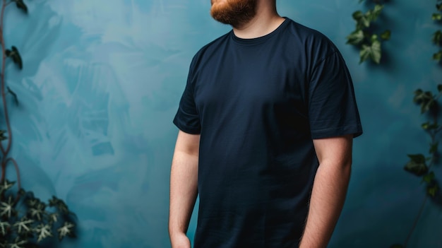 Big size fat adult man model in Blank black T Shirt for design mockup