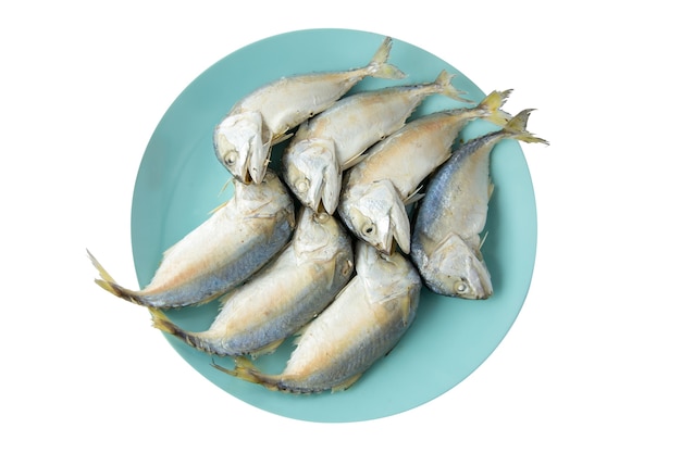 Big size of Steamed mackerel fish on blue plate on white background