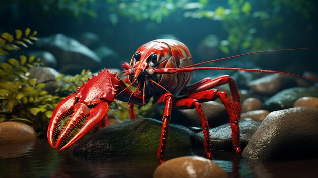 Big size yabby red lobster walking on hill lake Generated AI images