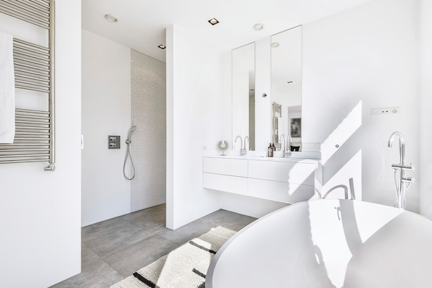 Большая ванна с хромированным смесителем и двойная раковина с зеркалом и душевым уголком в современной ванной комнате дома.