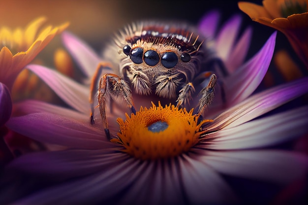 큰 거미와 신선한 꽃