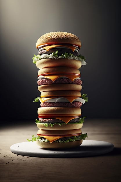 Big stack of huge burgers on the wooden table background fast food and junk food concept american food