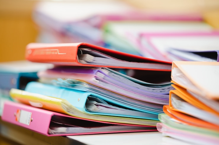 Photo big stack of papers documents or reuse paperwork on office
