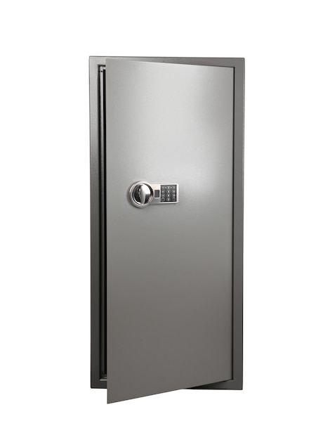 Big steel safe with electronic lock on white background