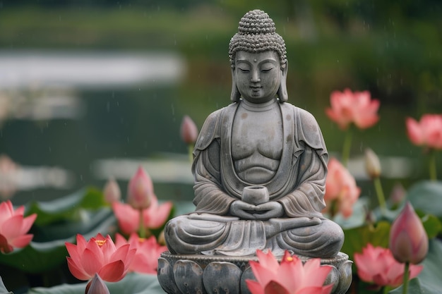 Big stone Buddha statue with lotus flowers outdoors ai generated