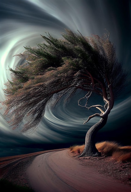 Сильный шторм уносит большое дерево в засушливой пустыне в засушливую погоду Создано с помощью технологии генеративного искусственного интеллекта