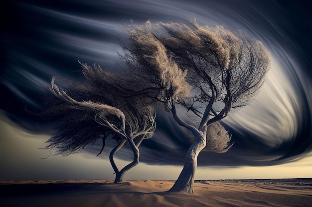 Big storm blowing big tree in arid desert on drought weather Created with Generative AI technology