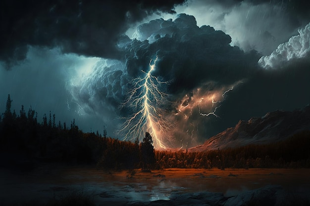 Big stormy cloud with lightning over rural landscape. 3d rendering