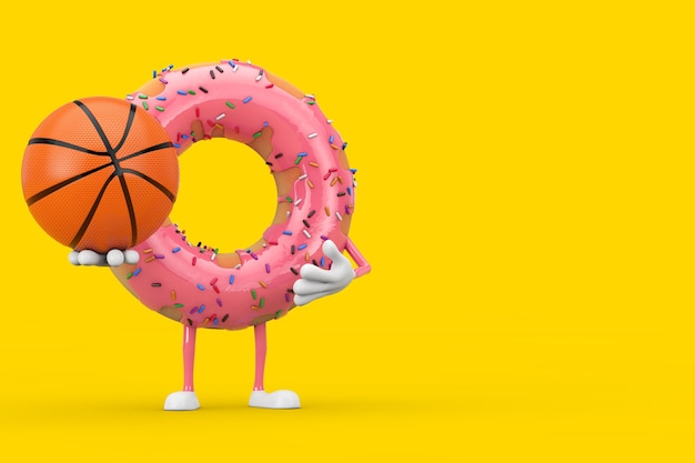 Grande mascotte del carattere della ciambella lustrata rosa fragola con palla da basket su sfondo giallo. rendering 3d