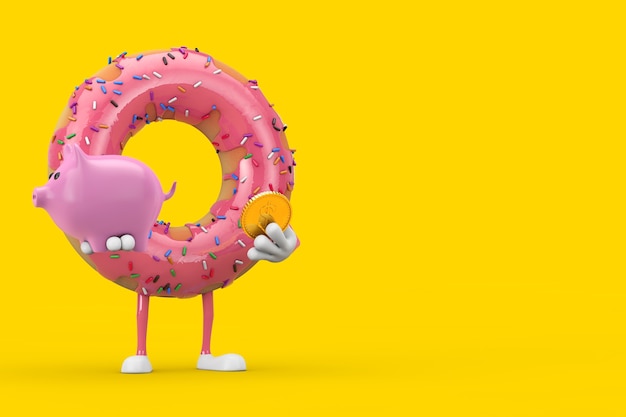 Big Strawberry Pink Glazed Donut Character Mascot with Piggy Bank and Golden Dollar Coin on a yellow background. 3d Rendering