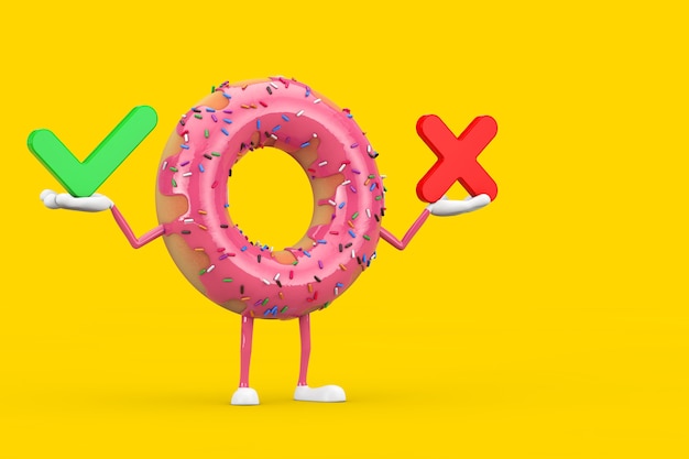 Big Strawberry Pink Glazed Donut Character Mascot with Red Cross and Green Check Mark, Confirm or Deny, Yes or No Icon Sign on a yellow background. 3d Rendering