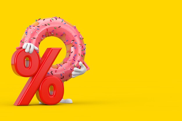 Фото Большой клубничный розовый застекленный талисман характера пончика с красной розничной продажей процентов или знаком скидки на желтой предпосылке. 3d рендеринг