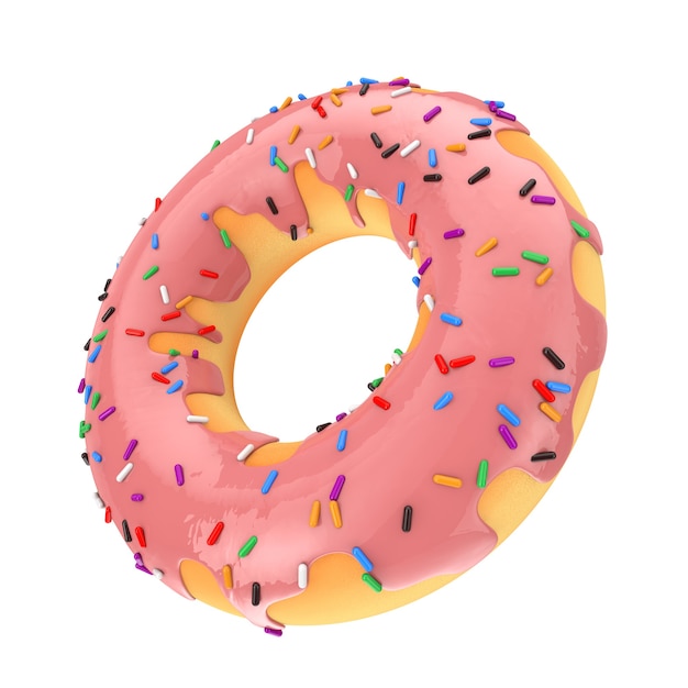 Big Strawberry Pink Glazed Donut with Color Sprinkles on a white background. 3d Rendering