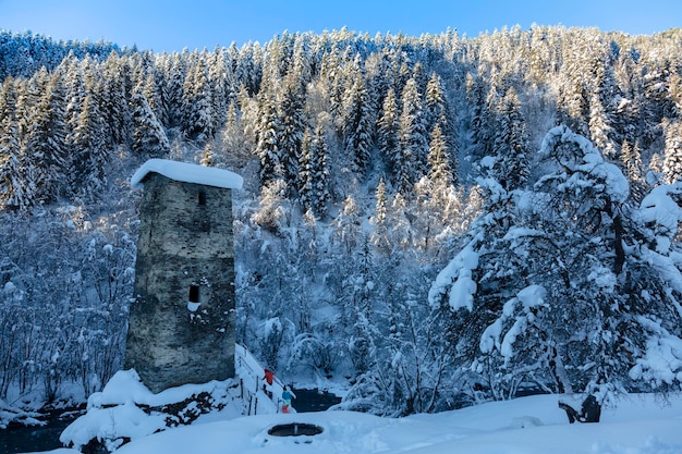 Big Svan Love Tower in the village of Svaneti surrounded by the Caucasus Mountains Georgia