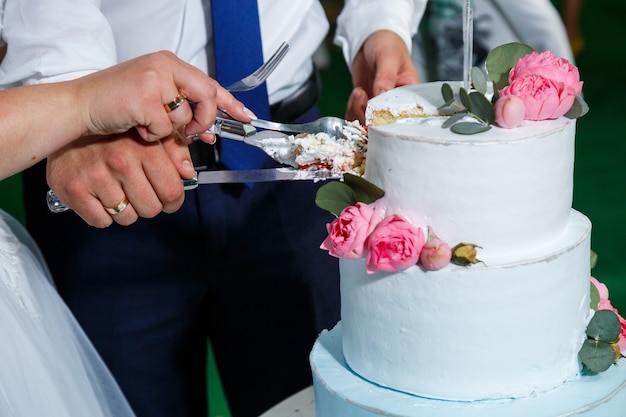 Big sweet wedding cake for newlyweds