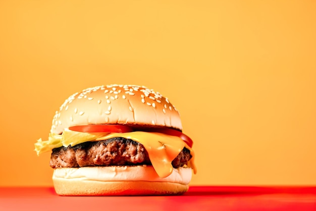 Big tasty cheeseburger on a bright yellow and red background Generative AI