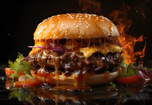 Big tasty cheeseburger on a dark background with fire and reflection