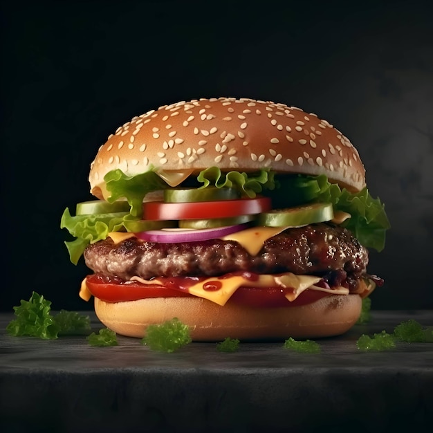 Big tasty cheeseburger with beef tomato lettuce and cheese on dark background